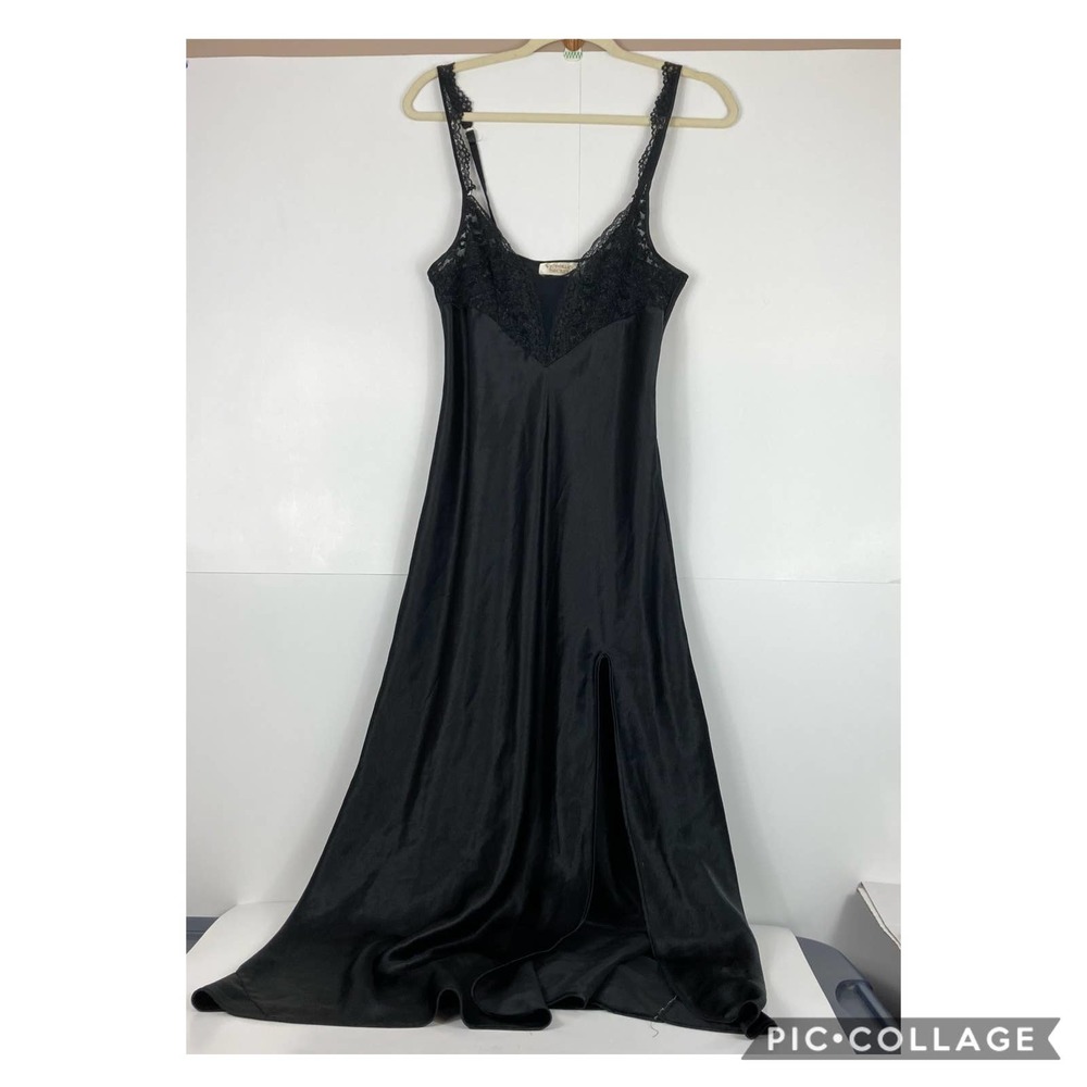 VINTAGE Victoria's Secret GOLD LABEL Satin Slip Dress Medium Slit Black Goth